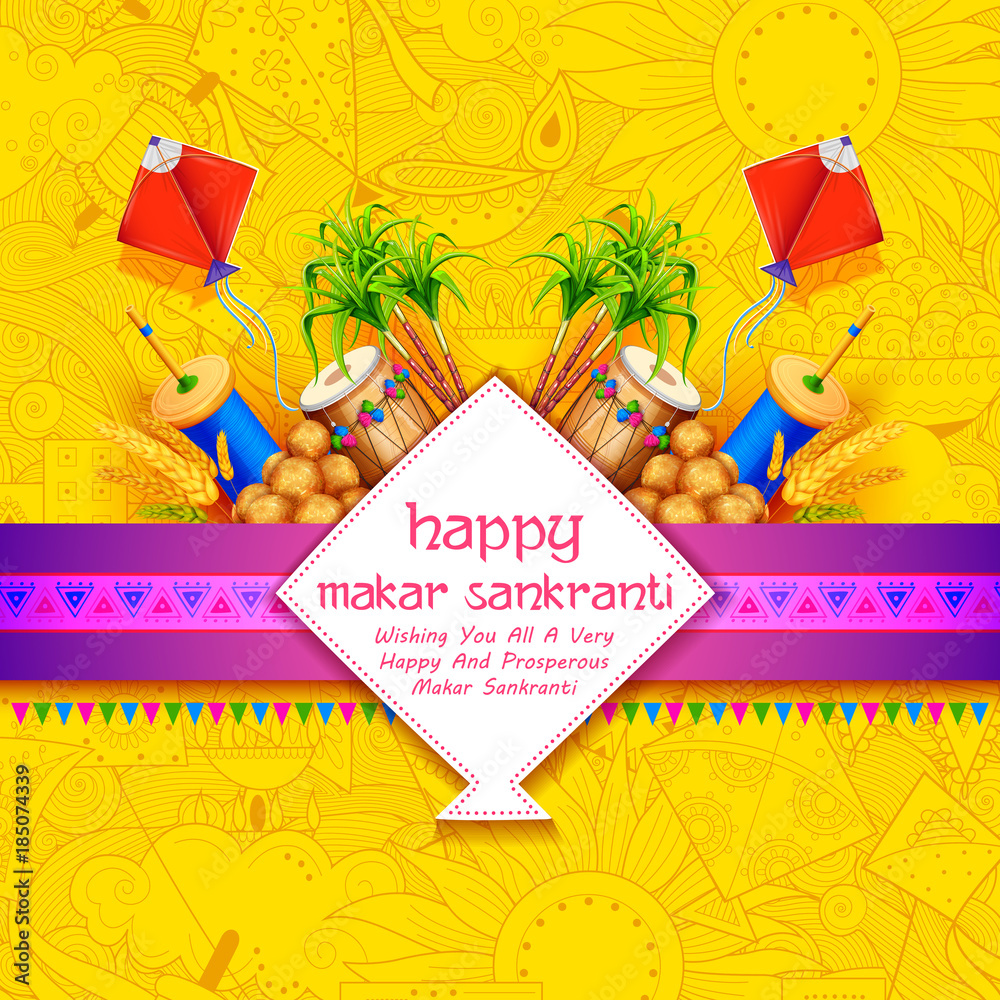 Naklejka premium Makar Sankranti wallpaper with colorful kite for festival of India