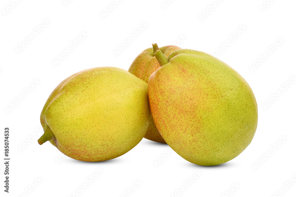 three whole of green fragrant pear isolated on white background