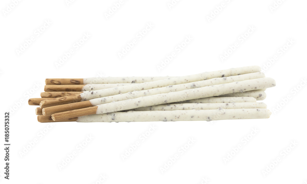 pile of biscuit sticks coated with cookie cream chocolate isolated on white background pile of biscuit sticks coated with cookie cream chocolate isolated on white background