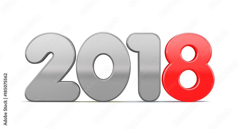 New Year 2018 metal number on white background. Red eight. 3d render illustration. New Year 2018 metal number on white background. Red eight. 3d render illustration.