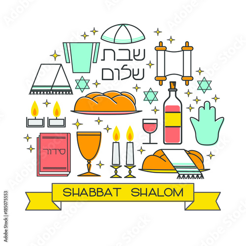 Shabbat shalom greeting card. Star of David, candles, kiddush cup and challah. Hebrew text "Shabbat Shalom". Vector illustration. Isolated on white.