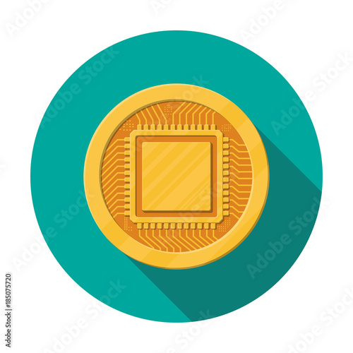 Golden coin with computer chip.