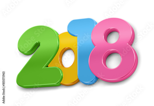 New Year 2018 inscription multicolored on white background. 3d render illustration.