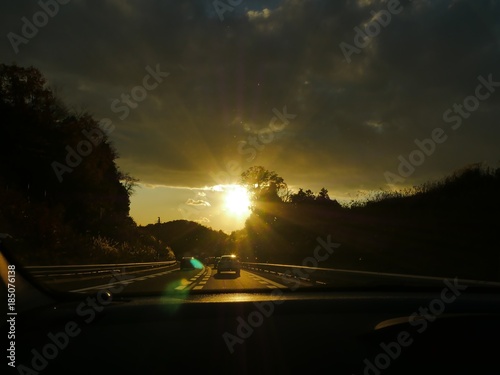 driving in sunset
