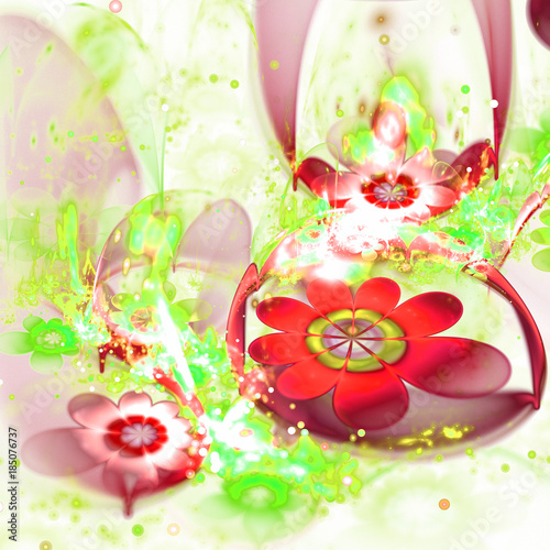Red and green fractal flowers, digital artwork for creative graphic design