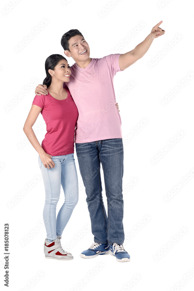Portrait of asian couple pointing with his hand Portrait of asian couple pointing with his hand