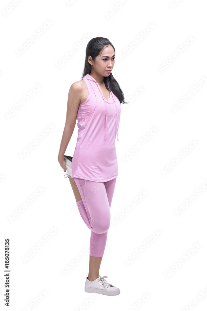 Portrait of asian woman doing stretching legs before running Portrait of asian woman doing stretching legs before running