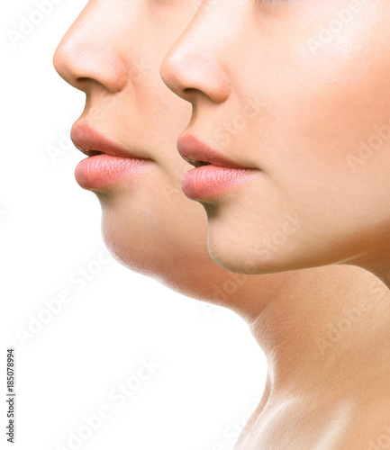Part of face, woman with the double and perfect chin photo