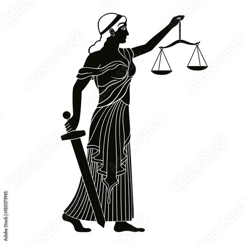 Ancient Greek goddess Themis holds a sword and scales in her hands. Vector vintage drawing. Black pattern isolated on white background.