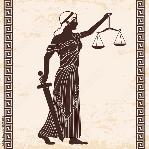 Ancient Greek goddess Themis holds a sword and scales in her hands. Vector vintage drawing. Brown pattern on a beige background with the aging effect.