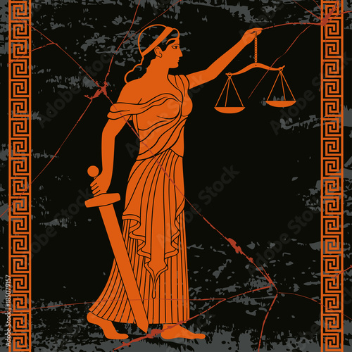 Ancient Greek goddess Themis holds a sword and scales in her hands. Vector vintage drawing. Drawing on the bottom of the black antique wall with a crack.