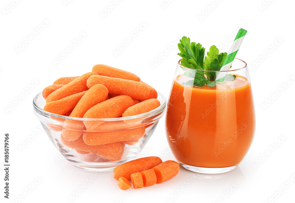 Bowl with baby carrots and a glass with fresh carrot juice isolated on white background. Bowl with baby carrots and a glass with fresh carrot juice isolated on white background.