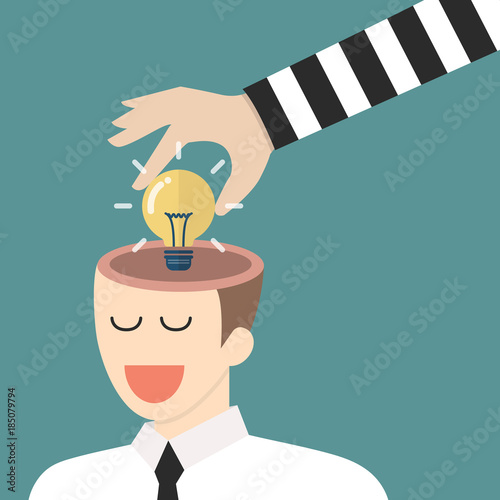Thief stealing lightbulb idea from a head