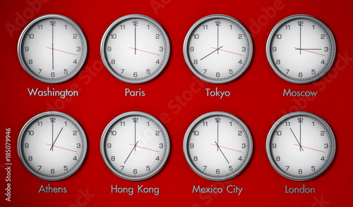 Photography Modern wall clocks showing different time zones of world cities