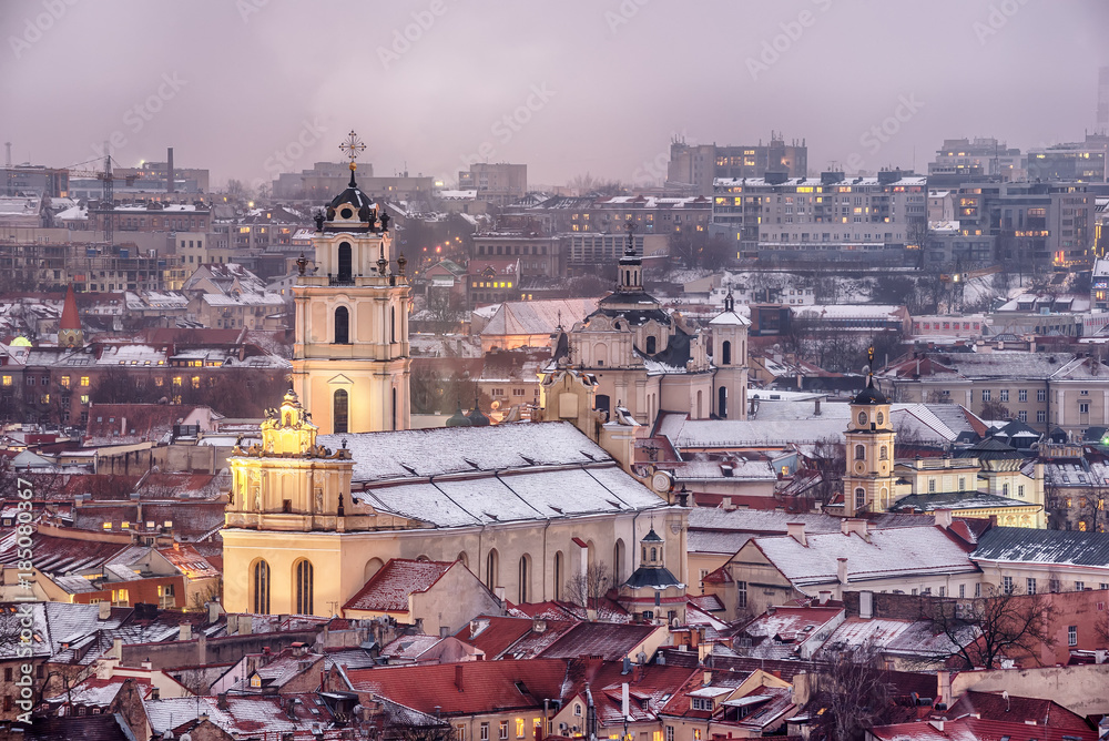Vilnius, Lithuania: aerial view of the old town at winter sunset