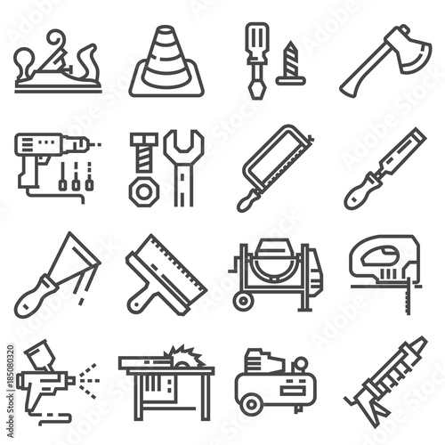 Wallpaper Mural Vector Set of Modern Thin Outline Construction Working Tools and Industrial Items. Torontodigital.ca