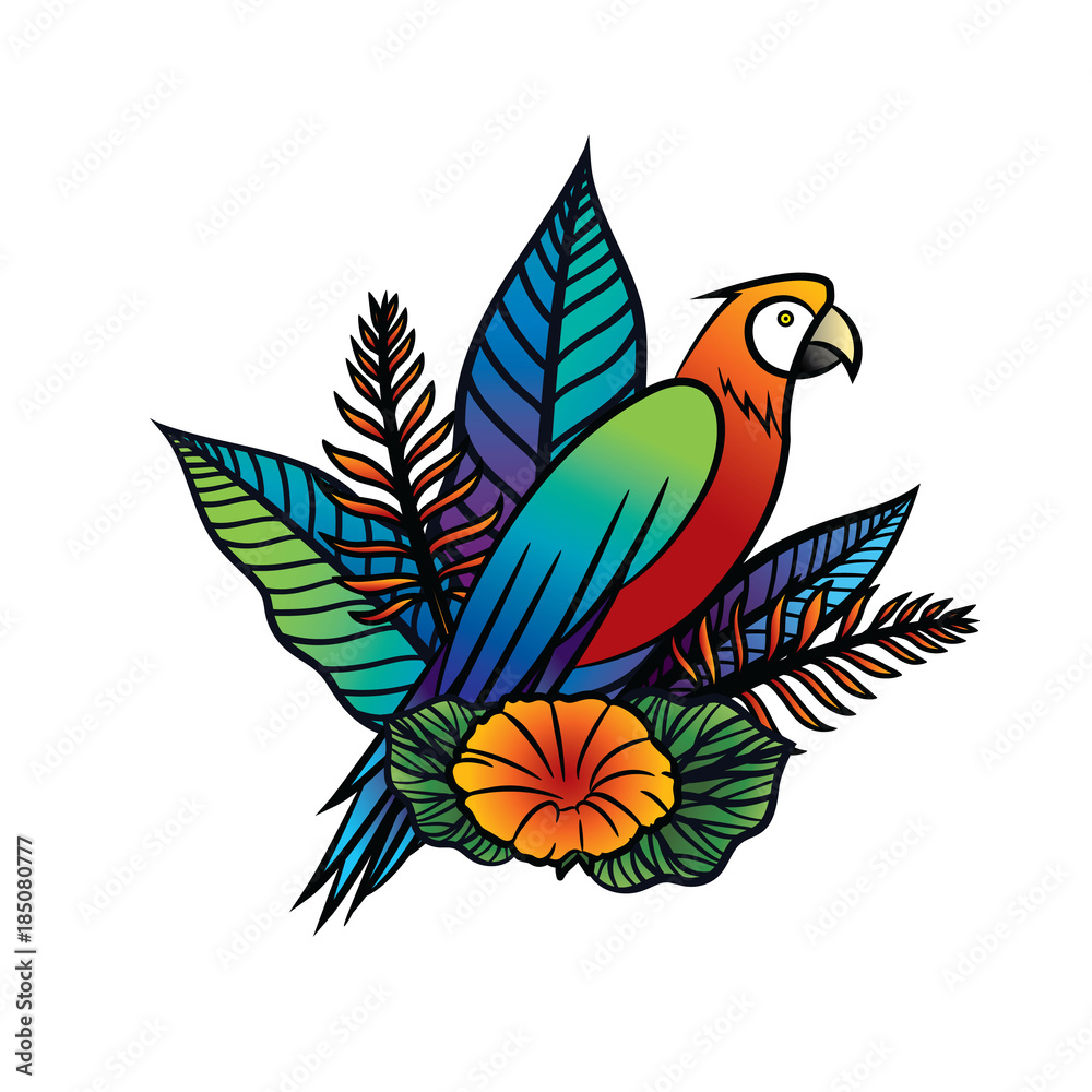 Obraz premium Vector illustration of a tropical bird, tropical flowers and Leaves. Colorful hand drawn illustration with parrot and tropical plants on isolated background