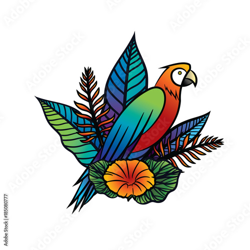 Vector illustration of a tropical bird, tropical flowers and Leaves. Colorful hand drawn illustration with parrot and tropical plants on  isolated background © yana_atchori