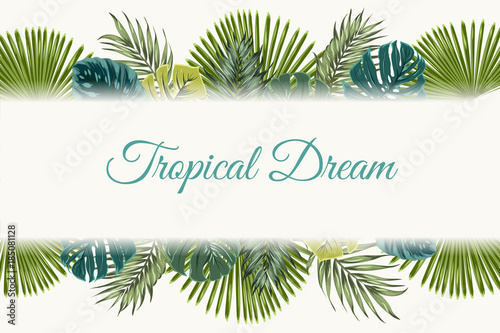 Exotic tropical jungle rainforest bright green turquoise palm tree monstera leaves border frame template on white background. Horizontal landscape banner. Vector design illustration. Text placeholder.