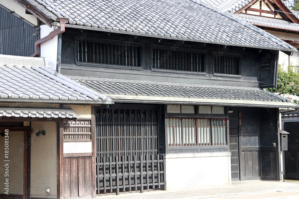 Japanese tradition wooden black house on sunlight in Japan. Japanese tradition home at Nara, Japan. Japanese tradition wooden black house on sunlight in Japan. Japanese tradition home at Nara, Japan.