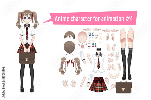 Anime manga schoolgirl in a red tartan skirt, stockings and schoolbag. Cartoon character in the Japanese style
