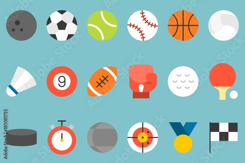 sports icon set, such as football, basketball, badminton, bowling, boxing, flag, stopwatch in flat design