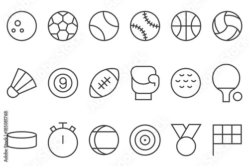 sports icon set, such as football, basketball, badminton, bowling, boxing, flag, stopwatch, thin line design