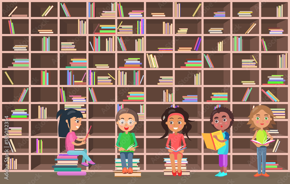 Children in Library Read Books Beside Bookcase Children in Library Read Books Beside Bookcase