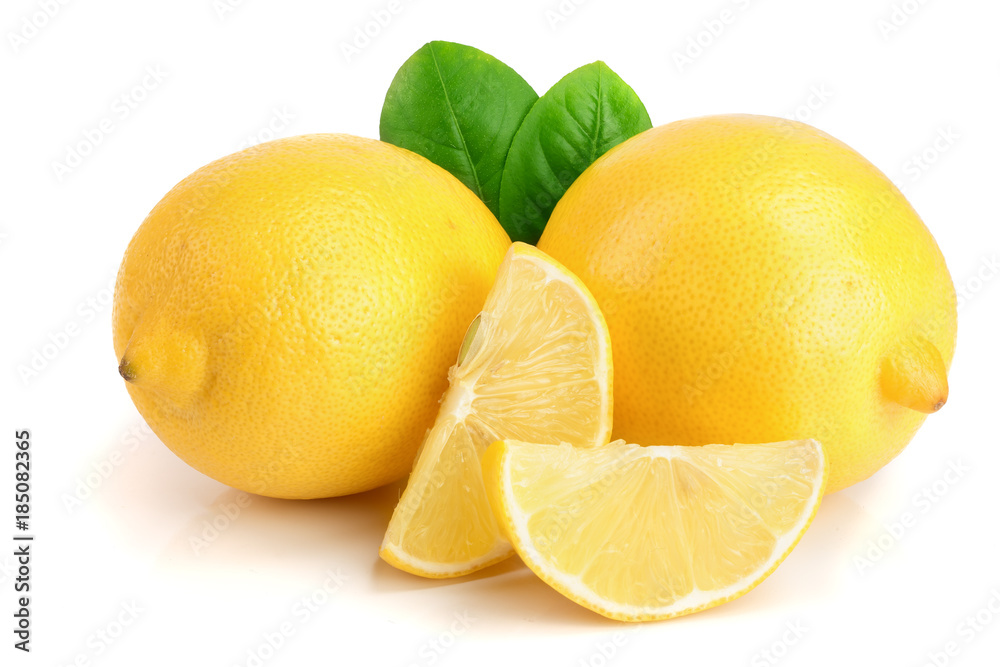 lemon and slice with leaf isolated on white background