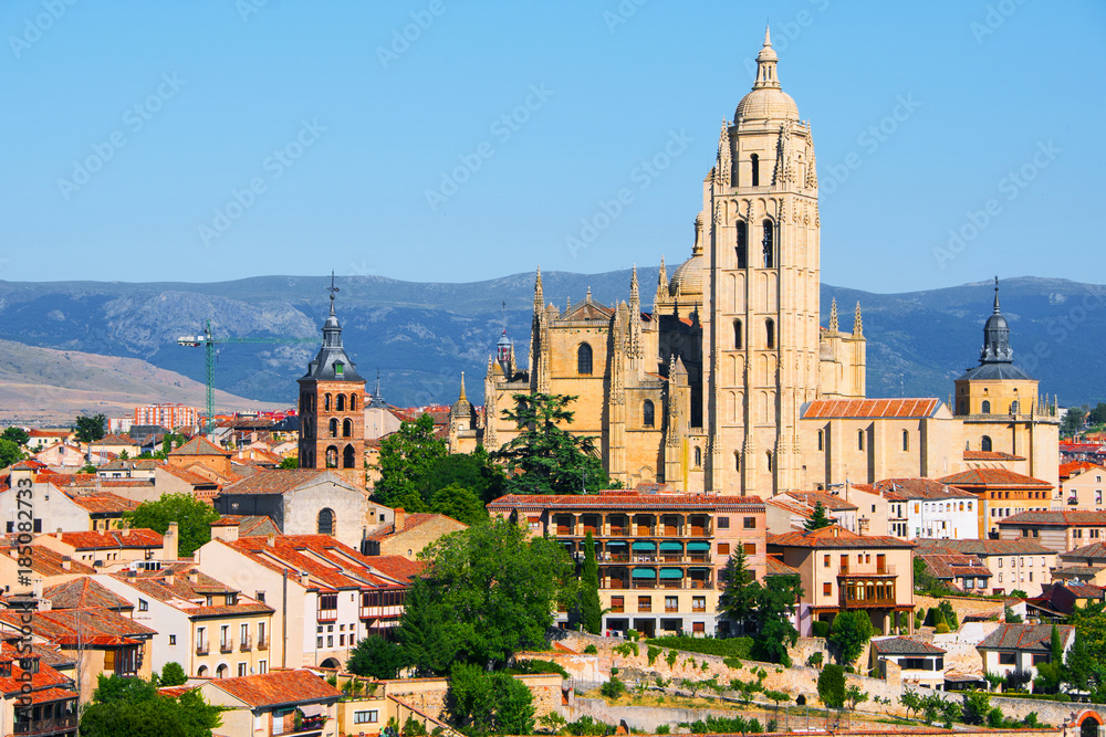 Segovia, Spain. Aerial view of old town Segovia, Spain with clear blue sky and old Cathedral.