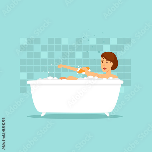 Woman taking a bath. Flat design vector illustration.