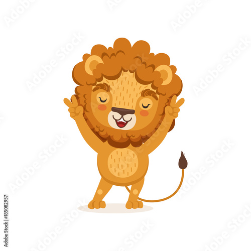 Cute happy lion cartoon character standing with paws up. Safari animal with lush mane and cute tail. Vector in flat style isolated on white.
