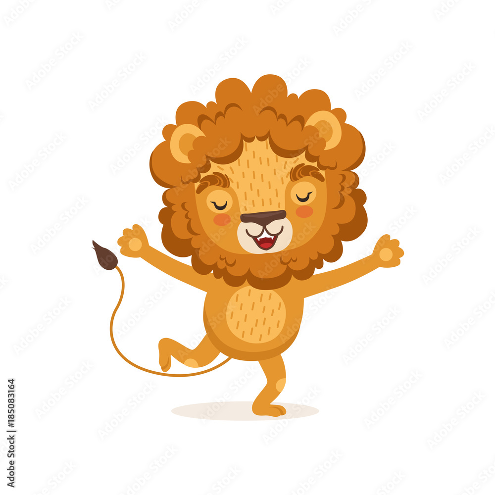 Illustration of happy smiling kid lion cartoon character running with paws up. Wild animal with lush mane. Flat vector isolated on white. Stock Vector | Adobe Stock Illustration of happy smiling kid lion cartoon character running with paws up. Wild animal with lush mane. Flat vector isolated on white. Stock Vector | Adobe Stock