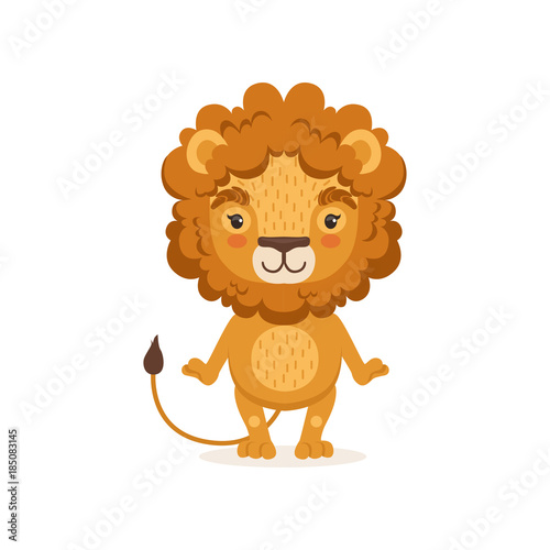 Adorable lion cartoon character standing and posing with paws down. Children print for t-shirt  card or book. Flat design vector illustration isolated on white.