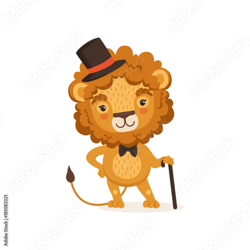 Illustration of lion cartoon character with black cane and wearing elegant cylinder hat and bow tie. Animal with lush mane. Flat vector