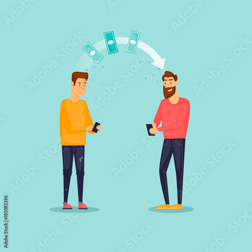 Man sends money phone. Technologies. Flat design vector illustration.