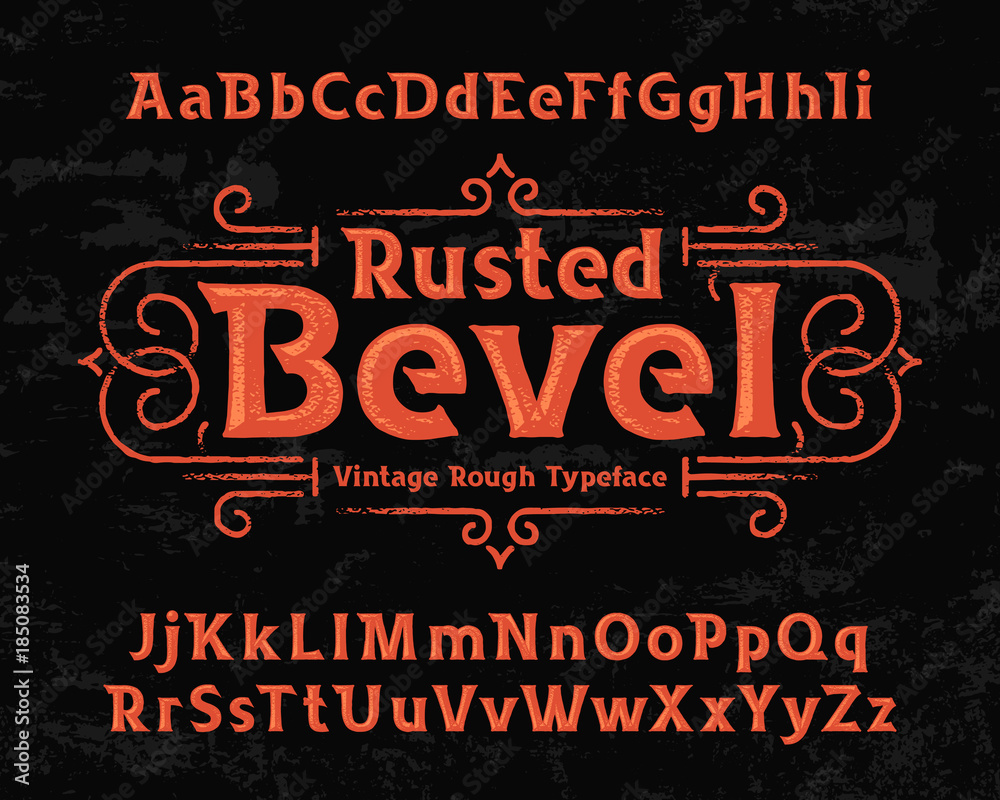 Old textured font named "Rusted Bevel" with vector decorative ornate. - obrazy, fototapety, plakaty 
