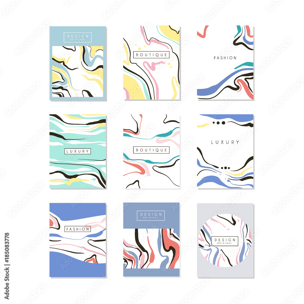 Luxury business cards design with colorful hand drawn texture. Flat vector templates for invitation, poster, brochure, fashion banner, beauty salon or boutique flyer
