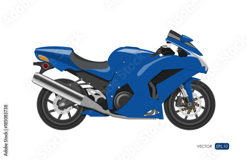 Blue motorcycle in realistic style. Side view. Detailed image of bike on white background