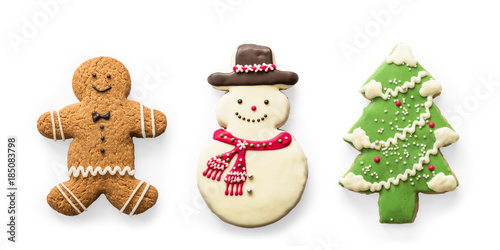 Christmas cookies, snowman, X'mas tree, gingerbread isolated on white background with clipping path for Xmas party holiday homemade  food design decoration template