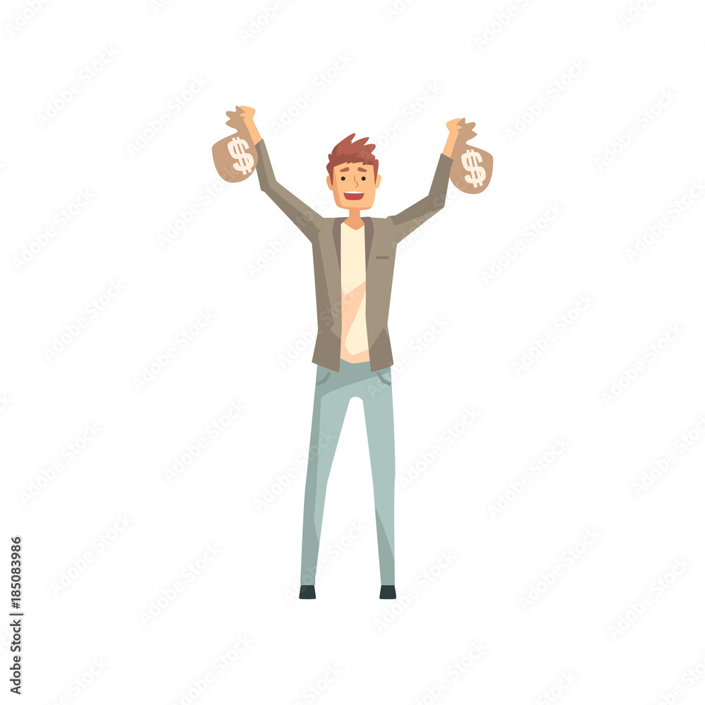 Lucky man holding two bags of money. Cartoon male character won in lottery. Person with good luck. Guy wearing jacket, t-shirt and jeans. Flat vector illustration Lucky man holding two bags of money. Cartoon male character won in lottery. Person with good luck. Guy wearing jacket, t-shirt and jeans. Flat vector illustration
