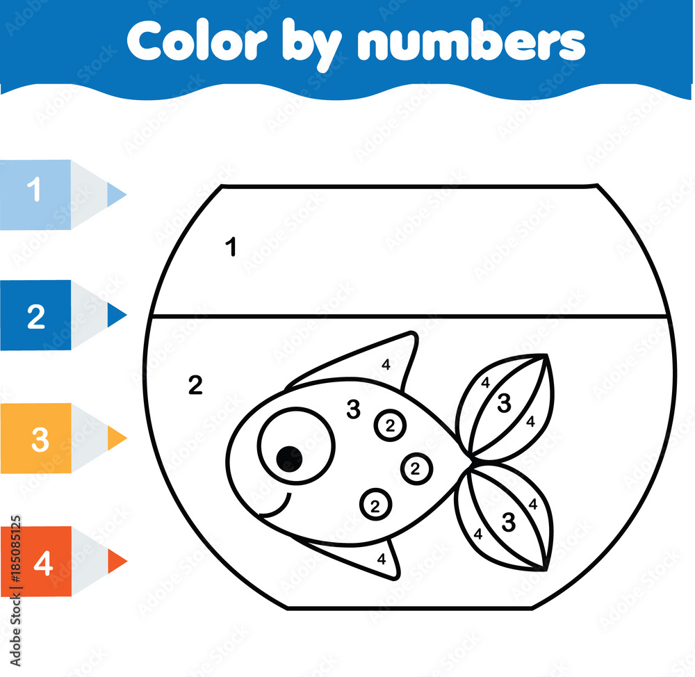 Fototapeta premium Children educational game. Coloring page with fish in aquarium. Color by numbers, printable activity