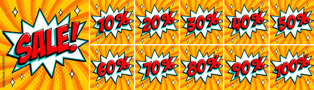 Big orange color sale set. Sale inscription and all percent numbers. orange and red colors. Pop-art comics style web banners, flash animation, stickers, tags. - obrazy, fototapety, plakaty 