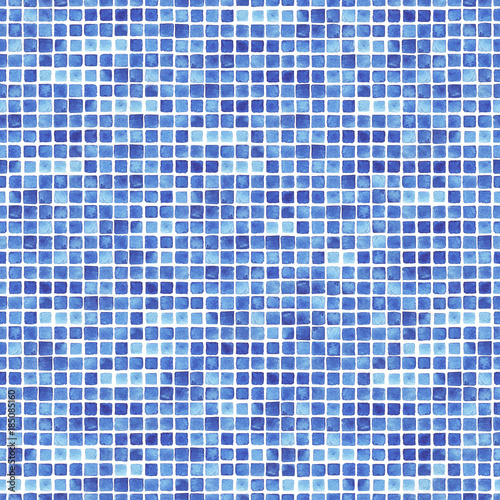 Watercolor seamless pattern with blue rectangle. Abstract modern background, illustration. Abstract modern background with cute watercolor elements for design, textile, banner, wallpaper.