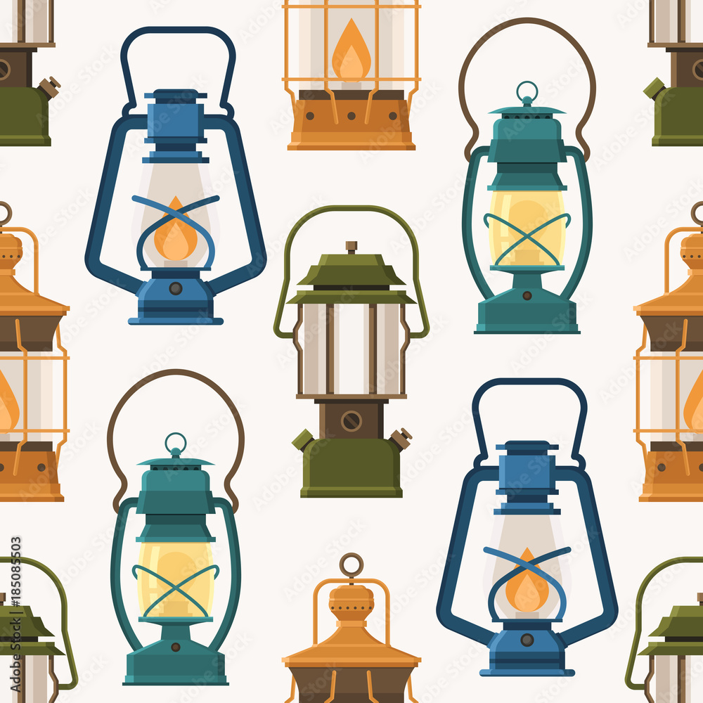 Fototapeta premium Vintage camping lantern pattern in flat design. Retro oil lamps and gas lanterns seamless background.