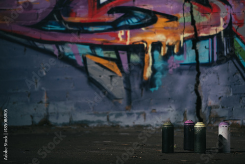 colorful graffiti on wall cans with aerosol paint standing on foreground © LIGHTFIELD STUDIOS