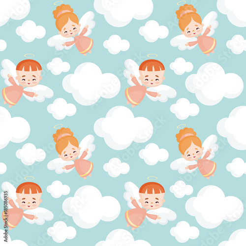 Seamless pattern with the image of a pretty little angel. Vector background.