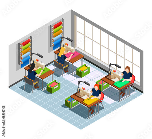 Clothes Factory Seamstress Isometric Composition 