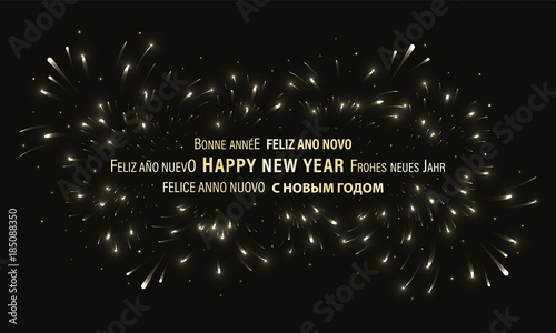 Happy New Year dark blue vector banner with fireworks and glitter.