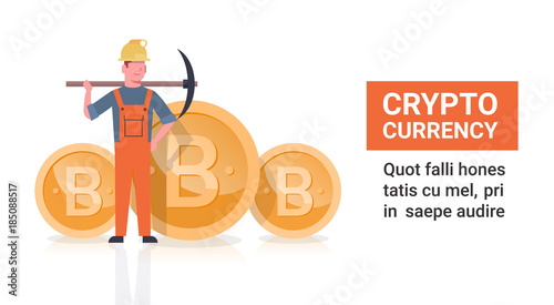 Bitcoin Mining Concept Man Holding Pickaxe Golden Bit Coins Modern Crypto Currency Networking Vector Illustration